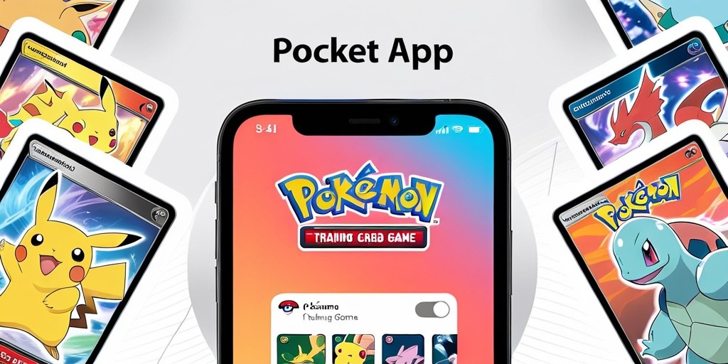 A modern, sleek, and colorful illustration of a smartphone screen displaying the Pokémon Trading Card Game Pocket app, with a vibrant background showcasing various Pokémon characters, cards, and game elements, set against a clean, minimalist interface with a subtle gradient effect, prominent Pokémon logo in bold, rounded font at the top, surrounded by a selection of favorite cards, with at least three cards partially visible, featuring different Pokémon such as Pikachu, Charizard, and Squirtle, each with distinct facial expressions and dynamic poses, amidst a subtle Poké Ball-inspired design motif, with a hint of digital glow and subtle shadows, evoking a sense of excitement and adventure.