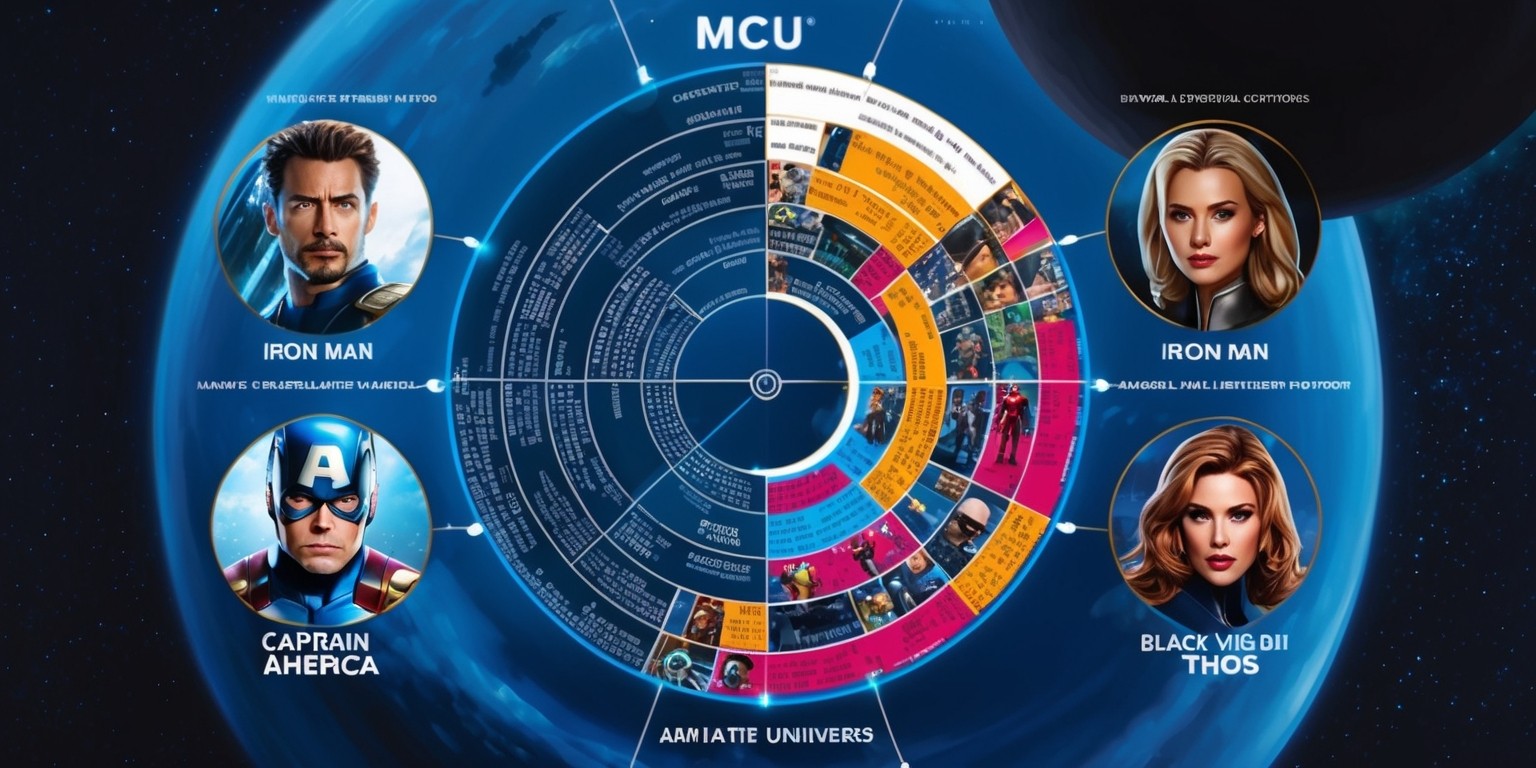 A visually striking illustration depicting a comprehensive analysis of the Marvel Cinematic Universe (MCU), with a clean and modern aesthetic, set against a dark blue or black background to represent the vastness of space and the universe. In the foreground, a large, circular graph or infographic takes center stage, filled with vibrant colors and intricate details, showcasing the interconnectedness of the MCU's 23 films and various characters, with bold, white font labels and arrows connecting the different nodes. The graph is surrounded by smaller, circular portraits of key characters, such as Iron Man, Captain America, Black Widow, and Thor, with subtle, golden accents and soft, cinematic lighting, highlighting their facial features, including expressive eyes, determined jawlines, and distinctive hairstyles, with skin tones ranging from fair to dark. The overall design is sleek, sophisticated, and informative, with a subtle, 3D effect to give the illustration depth and visual interest.