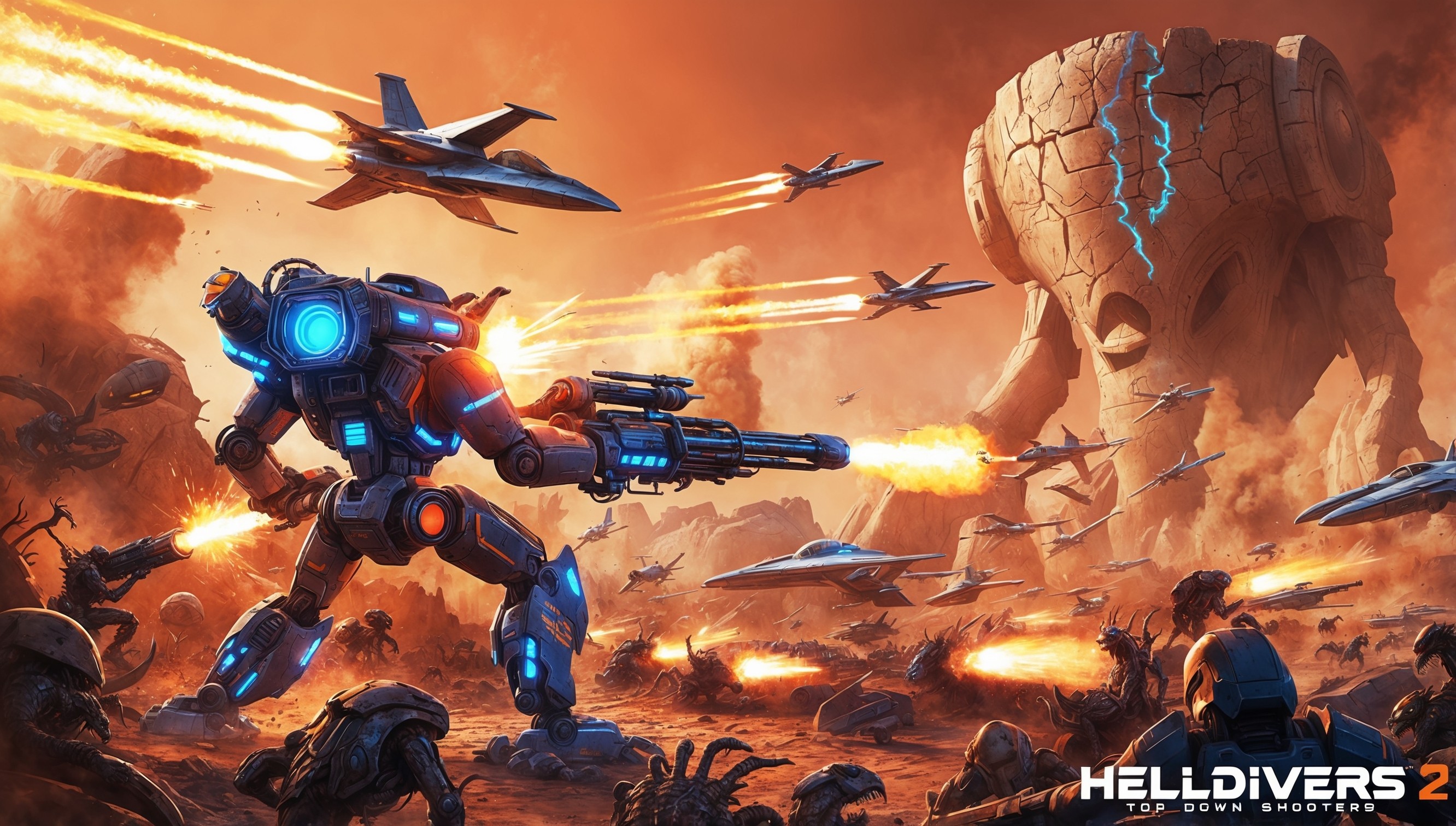 A vibrant, futuristic illustration of a chaotic battlefield from the perspective of Helldivers 2, a top-down shooter game, set against a warm, orange-brown backdrop of a ravaged planet. In the foreground, a hulking mech, adorned with neon blue accents and glowing red eyes, blasts away at an onslaught of alien creatures, its cannons firing bright, explosive rounds into the fray. Amidst the destruction, a squadron of sleek, silver aircraft soar through the smoke-filled skies, leaving trails of blazing, golden contrails. In the distance, a massive, ancient alien structure looms, its cracked, stone surface etched with mysterious, pulsing blue hieroglyphics. The entire scene is bathed in a warm, cinematic light, with bold, graphic lines and textures reminiscent of classic sci-fi concept art.