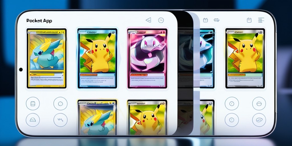 A modern, sleek smartphone screen displaying the Pokémon Trading Card Game Pocket app, with a clean and minimalistic layout, showcasing a grid of vibrant, colorful Pokémon trading cards against a white background, each card featuring a unique illustration of a beloved Pokémon character, such as Pikachu, Charizard, or Squirtle, with intricate details and subtle textures, surrounded by intuitive digital buttons and menus in a neat, rounded font, with a soft glow effect to hint at the digital nature of the app, set against a blurred, dark blue background to represent the phone's screen, with subtle shadows and reflections to add depth and realism.