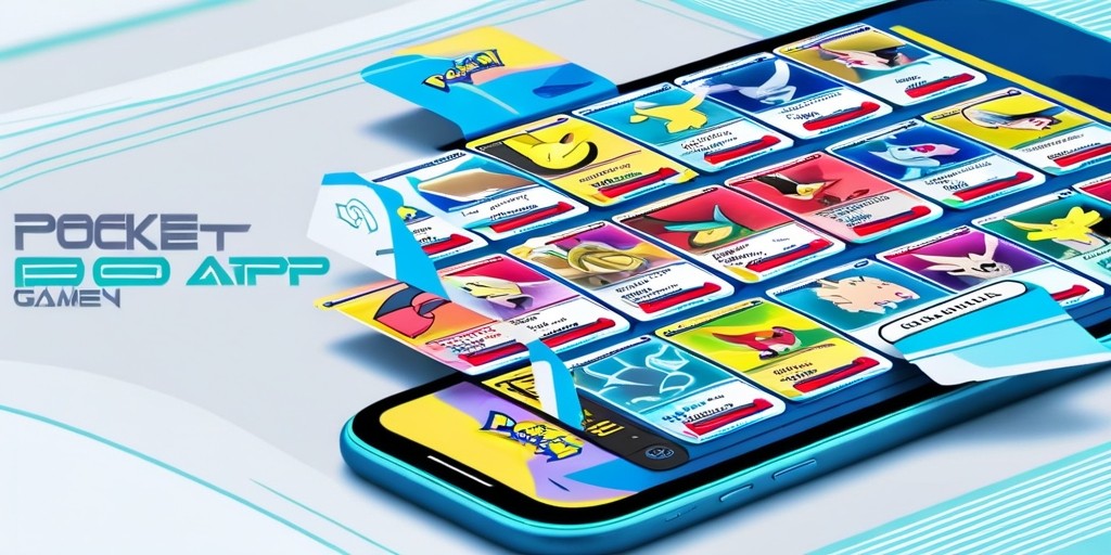 A sleek, modern digital illustration of the Pokémon Trading Card Game Pocket app on a mobile device, showcasing a vibrant and colorful interface with a mix of soft blues, whites, and yellows, reminiscent of the iconic Pokémon brand. The app's layout is visually appealing, with rows of digital trading cards featuring various Pokémon characters, each with its unique name, type, and point values displayed in a bold, futuristic font. The background is a subtle gradient of light blue, evoking a sense of virtual space. The device itself is minimalistic, with a slim profile and rounded edges, showcasing the app in a clean and intuitive manner. A few cards are partially pulled out, as if the user is browsing through their digital collection, giving a sense of interactivity and depth. The overall style is a blend of futuristic and playful, with bold lines, curves, and textures.