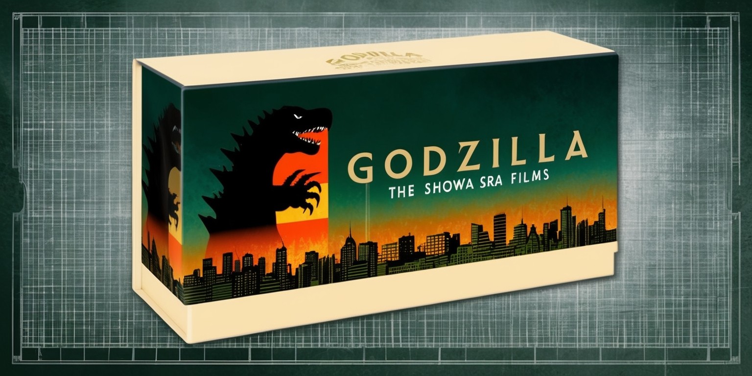 A meticulously designed box set for the Godzilla: The Showa-Era Films collection, featuring a vibrant, retro-inspired color scheme with a predominantly dark green and orange hue, evoking the nostalgia of classic Japanese cinema. The cover art showcases an iconic, minimalist illustration of Godzilla's mighty roar, its bold, black silhouette contrasted against a fiery, sunset-orange Tokyo cityscape. The title, Godzilla: The Showa-Era Films, is emblazoned in bold, golden font, with a stylized, cursive Japanese script running horizontally beneath it. The background of the box features a subtle, gradient texture resembling old film reels, with a faint, silver grid pattern adding a touch of industrial grit. The entire design is framed by a thin, cream-colored border, with the box's spine adorned with a simple, yet elegant, debossed pattern of Godzilla's signature footprints.