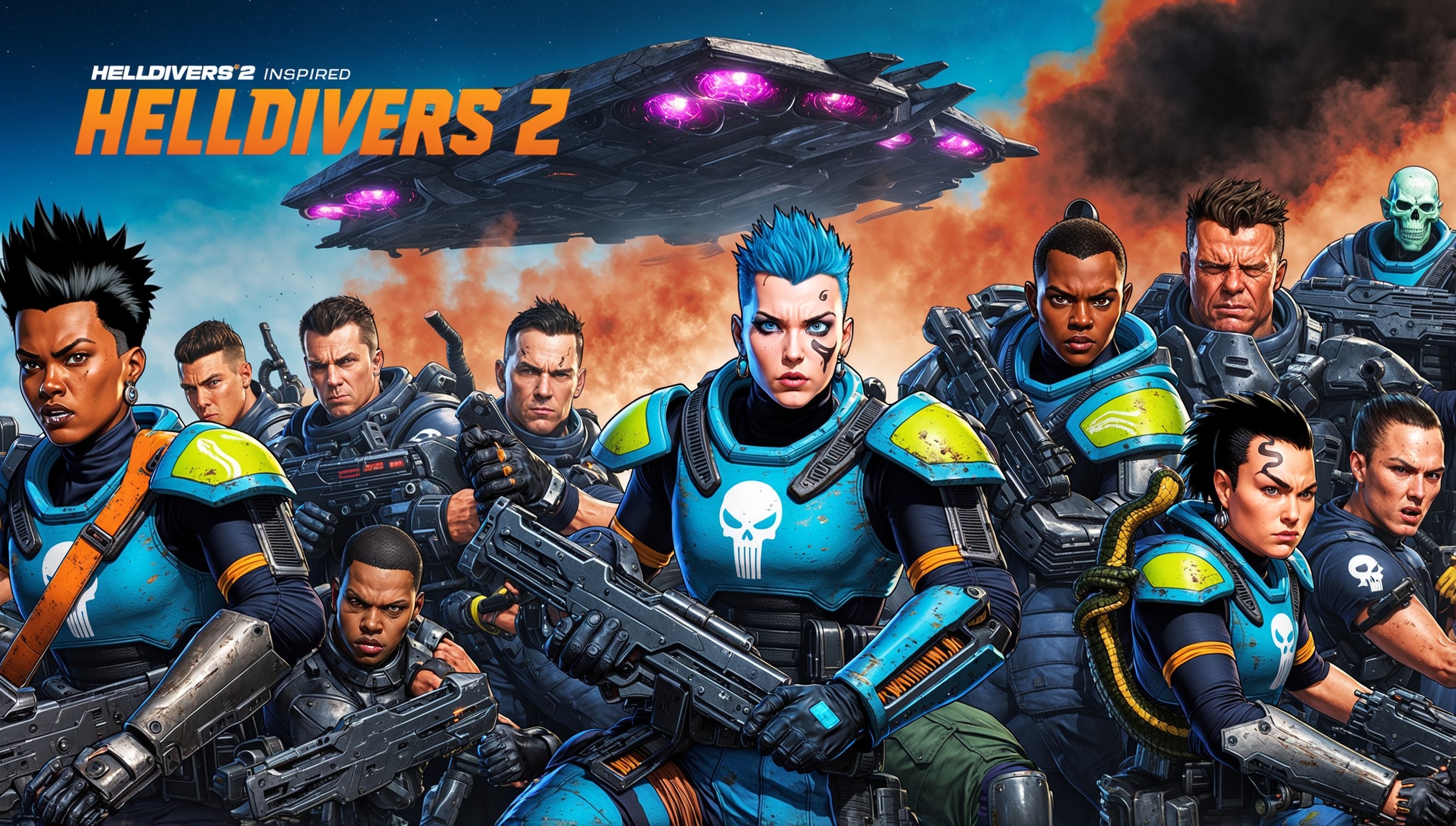 A vibrant, action-packed illustration depicting a futuristic war scene inspired by the Helldivers 2 game, set against a deep blue sky with smoky, orange-hued clouds and a distant, starry universe. In the foreground, a diverse group of heavily armed, elite soldiers, known as Helldivers, are shown in various dynamic poses, with distinct facial features, ranging from determination to fear, and diverse skin tones. One soldier has a strong jawline, bright blue eyes, and short, spiky black hair, while another has a pierced nose and a tattoo of a snake coiled around their right bicep. The soldiers are dressed in advanced, high-tech armor with bright, neon accents and worn, metallic plating, with the Helldivers' insignia - a bold, silver skull emblem - emblazoned on their shoulder pads. In the background, a massive, alien spaceship is shown, with glowing, purple engines and a hull covered in strange, biological tendrils. The illustration is rendered in a gritty, comic book-inspired style, with bold lines, vibrant colors, and dramatic shading, emphasizing the intensity and chaos of the battle.