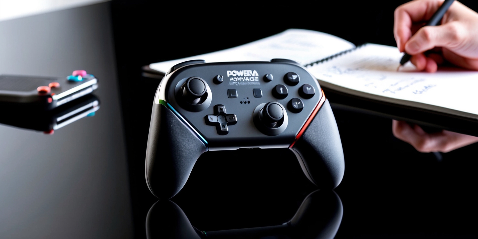 A close-up photograph of the PowerA Advantage Nintendo Switch 2 controller on a sleek black background, with the controller's ergonomic design and interchangeable thumbsticks prominently displayed, its vibrant colors and metallic accents glistening under soft studio lighting, the Nintendo Switch logo subtly visible on the controller's casing, while a few review notes and a professional reviewer's hand are partially visible in the blurred background, holding a pen and notebook with scribbled ratings and feedback, the overall atmosphere exuding a sense of gaming expertise and in-depth analysis.