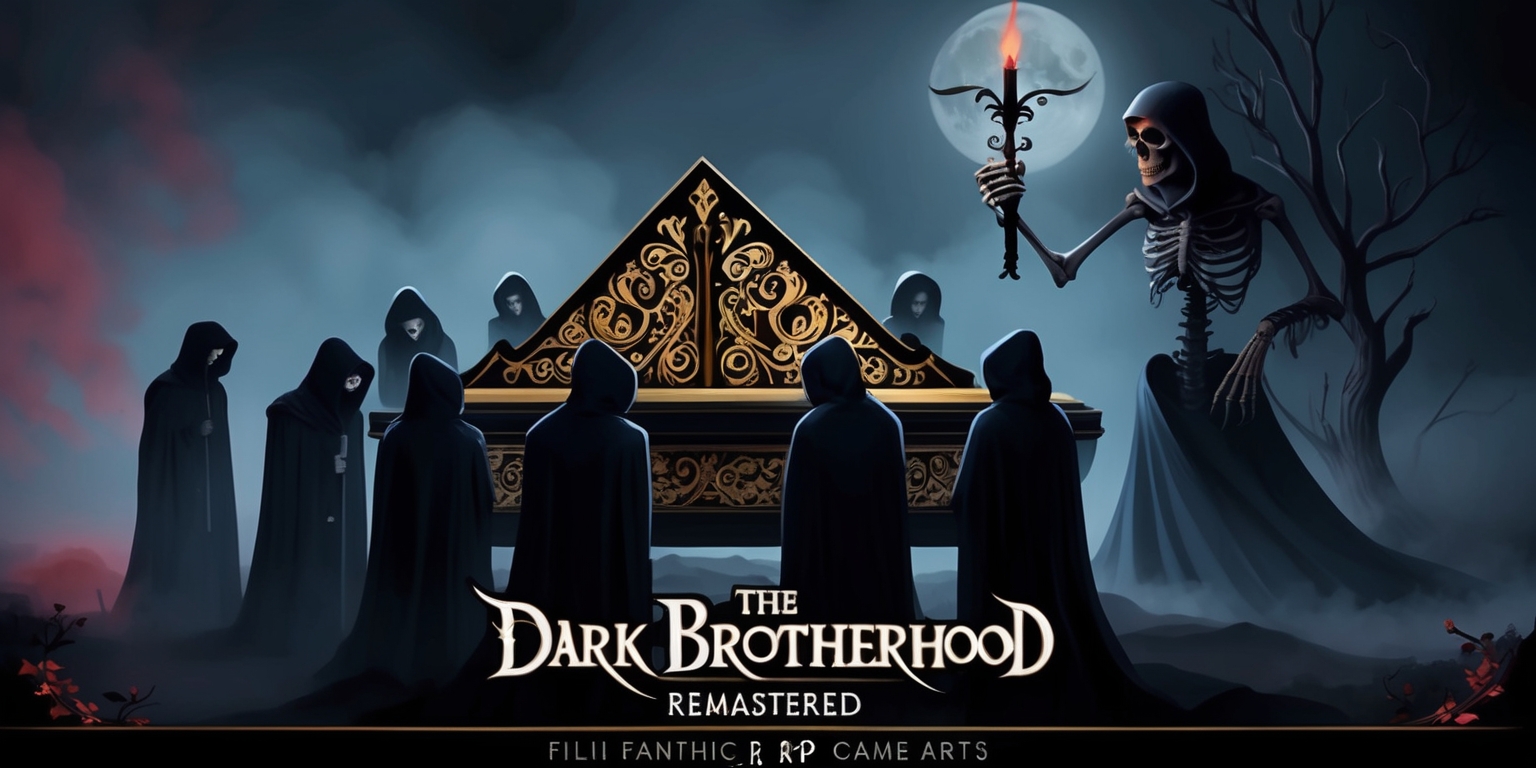 A hauntingly beautiful, high-fantasy illustration of the Dark Brotherhood, remastered in a stylized, gothic RPG game art style, set against a dark, misty, moonlit background with subtle, crimson hues, evoking an atmosphere of mystery and foreboding. The composition features a group of hooded, silhouetted figures gathered around a sarcophagus, adorned with intricate, golden filigree, under the watchful gaze of a looming, skeletal statue in the background, its bony fingers grasping a black, ornate dagger. The scene is illuminated by soft, flickering torchlight, casting long, ominous shadows across the mist-shrouded landscape. The color palette is muted, with dark blues, grays, and blacks dominating the scene, punctuated by hints of crimson and gold accents.