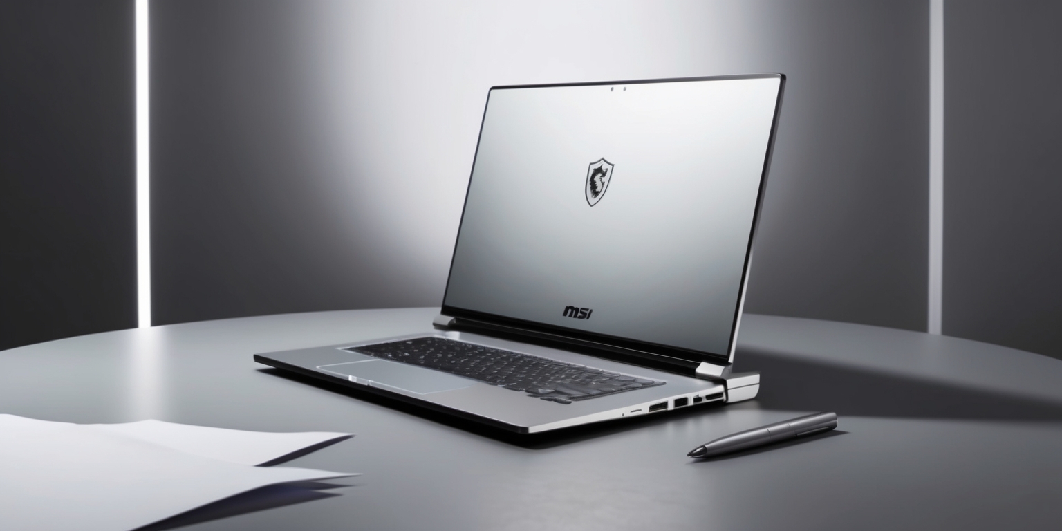 A beautifully lit, high-contrast photograph of a sleek, silver MSI Stealth 18 AI Studio laptop sitting on a clean, gray, minimalist desk, with a subtle gradient background that fades to white, drawing attention to the laptop's cutting-edge design and sophisticated features, such as the slim profile, vibrant 18-inch 4K touchscreen, and precision-crafted hinges, with the laptop's lid slightly ajar, revealing a glimpse of the comfortable, backlit keyboard and expansive touchpad, while a few strategically placed, artistically rumpled sheets of paper and a stylish, silver pen lie nearby, hinting at the laptop's potential for creative productivity, all captured in stunning, realistic detail, with a shallow depth of field, blurring the background and emphasizing the laptop's sleek lines and premium build quality.