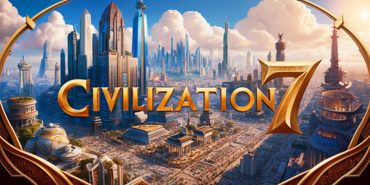 A vibrant and detailed illustration of the fictional Civilization 7 game, depicting a sprawling metropolitan city with towering skyscrapers, bustling streets, and majestic monuments, set against a warm, sunny backdrop with fluffy white clouds, showcasing the game's vibrant color palette and intricate graphics, with a mix of modern and ancient architectural styles, and a sense of dynamic energy and growth, perhaps with a few iconic leaders or units from the game series observing the cityscape, their facial features and skin tones richly detailed, with the game's logo emblazoned prominently in bold, metallic gold lettering, surrounded by subtle, curved lines and ornate patterns, evoking a sense of grandeur and wonder.