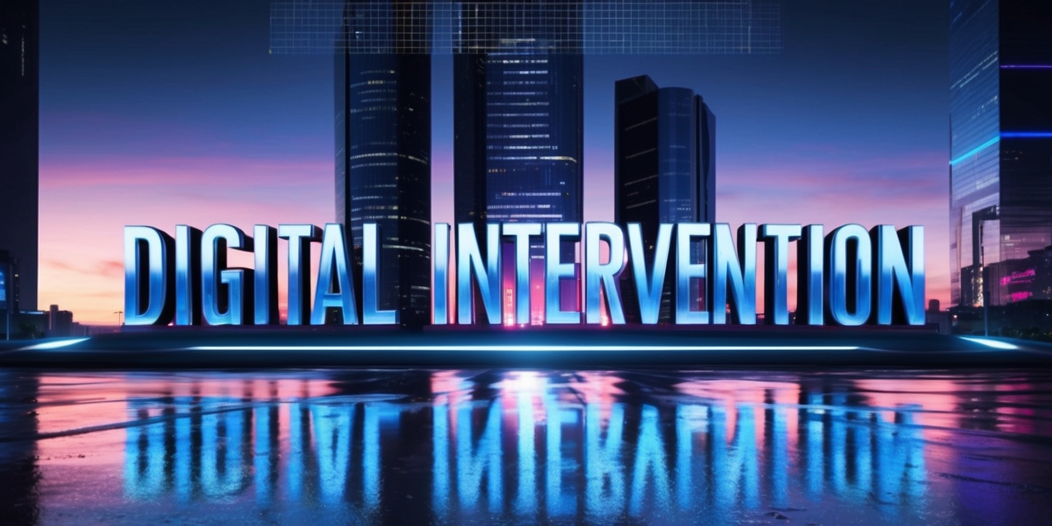 A futuristic digital artwork depicting a television series titled Digital Intervention, with a cityscape at dusk as the background, featuring sleek skyscrapers and neon lights reflecting off the wet pavement, the TV series title in bold, metallic letters with a blue and silver color scheme, the font is modern and edgy, with the words Digital Intervention slightly overlapping each other to convey a sense of innovation and forward thinking, at the top of the image a faint grid pattern subtly suggests the intersection of technology and media, the overall mood is one of dynamic energy and cutting-edge storytelling, with the color palette predominantly consisting of deep blues and purples to evoke a sense of mystery and intrigue.
