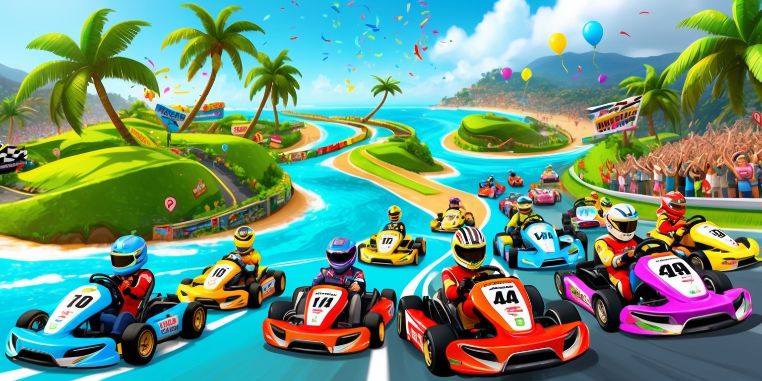 A vibrant, dynamic illustration of an open world kart racing game, set in a sun-kissed, tropical island landscape with turquoise waters, swaying palm trees, and a winding track that snakes through the lush green hills and beaches, featuring a variety of colorful karts, each with unique designs, sponsors, and drivers, showcasing diverse facial features, skin tones, and hairstyles, with some drivers wearing helmets, goggles, and racing suits, while others sport casual, summer attire, amidst a flurry of movement, speed, and excitement, with confetti, balloons, and cheering crowds in the background, and a subtle, graded blue sky with a few puffy white clouds, all rendered in a stylized, exaggerated, cartoonish style with bold lines, bright colors, and dynamic lighting, evoking a sense of joy, freedom, and competitive spirit.