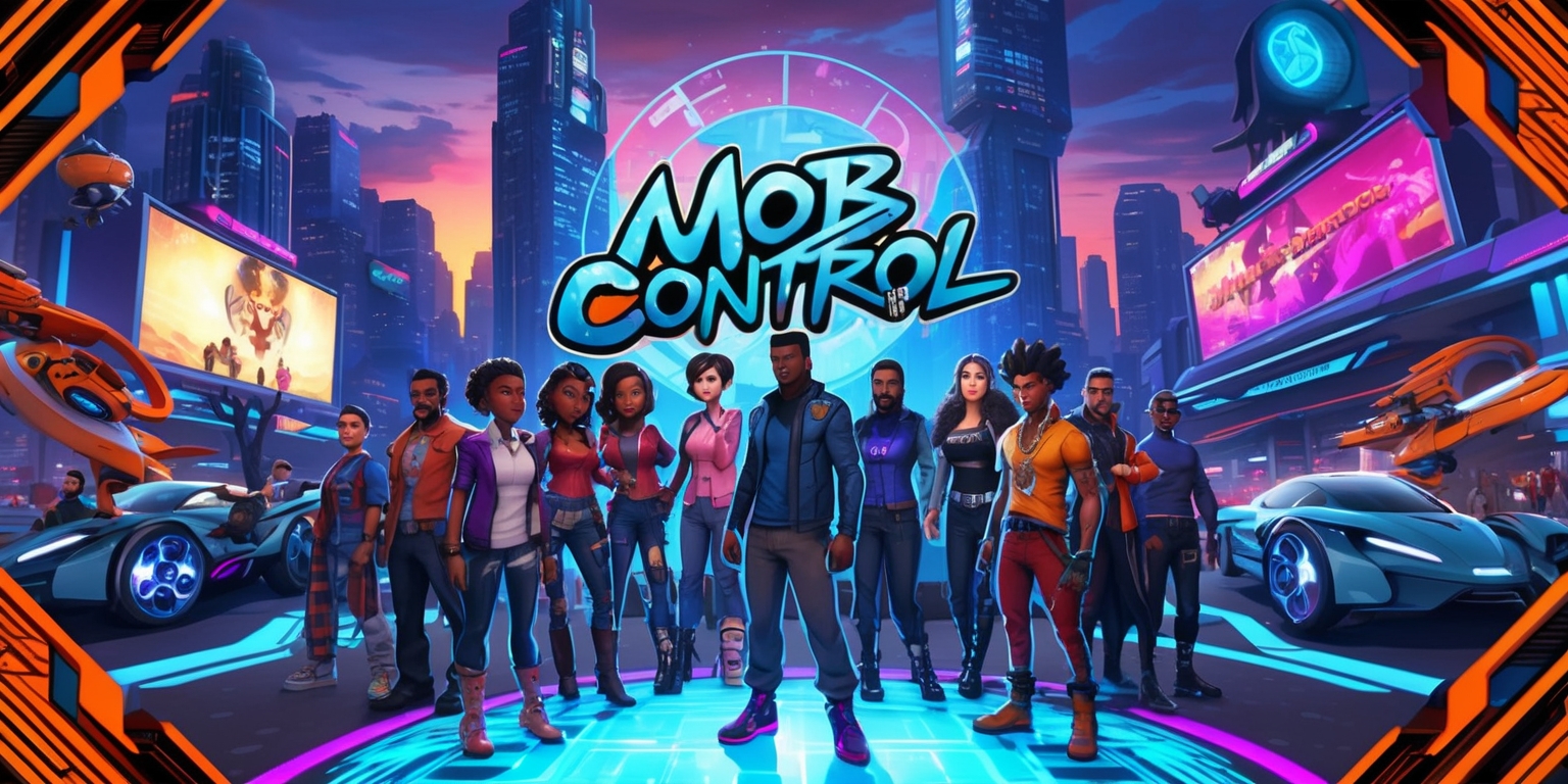 A vibrant digital illustration of a futuristic cityscape at dusk, with towering skyscrapers and neon-lit billboards, showcasing the immersive world of the Mob Control game. In the foreground, a group of diverse characters, each with distinct facial features, skin tones, and hairstyles, are gathered around a holographic projection of the game's logo, a stylized, graffiti-inspired font with bold, metallic letters. The characters' clothing and accessories reflect their unique abilities and roles within the game. The city streets are filled with sleek, high-tech vehicles and advanced drones, hinting at the game's blend of strategy and action. The color palette is a dynamic mix of blues, oranges, and purples, evoking a sense of energy, excitement, and rebellion. The composition is dynamic, with bold lines, geometric shapes, and abstract patterns, creating a sense of depth and dimensionality.