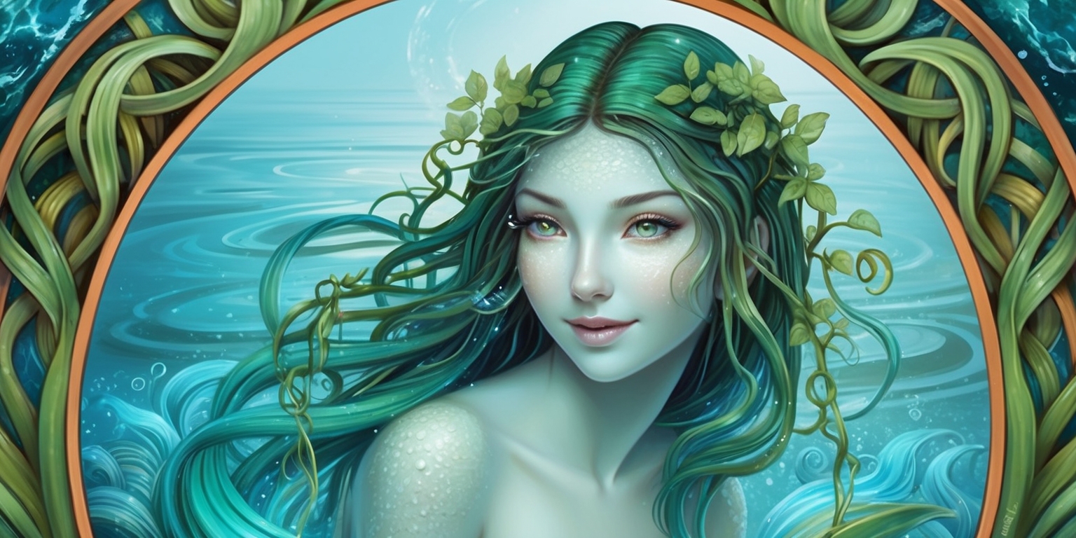 A serene and mystical illustration of a Naiad, a mythological water nymph, surrounded by lush aquatic plants and vines, with a subtle glow emanating from her skin, as if infused with the magic of the water. Her long, flowing hair resembles seaweed, with shades of emerald green and turquoise, blending seamlessly with the aquatic environment. Her facial features are delicate, with high cheekbones, a petite nose, and full lips that curve into a gentle, enigmatic smile. She's situated in a circular frame, with intricate, swirling patterns reminiscent of ocean currents and waves. The background is a soft, gradient blue, evoking the depths of a tranquil lake or ocean. The atmosphere is dreamy and ethereal, with hints of shimmering light dancing across the surface of the water. The overall style is a mix of realistic and whimsical, with bold lines and vibrant colors. The Naiad's eyes sparkle with an otherworldly intelligence, as if she holds secrets of the underwater realm.