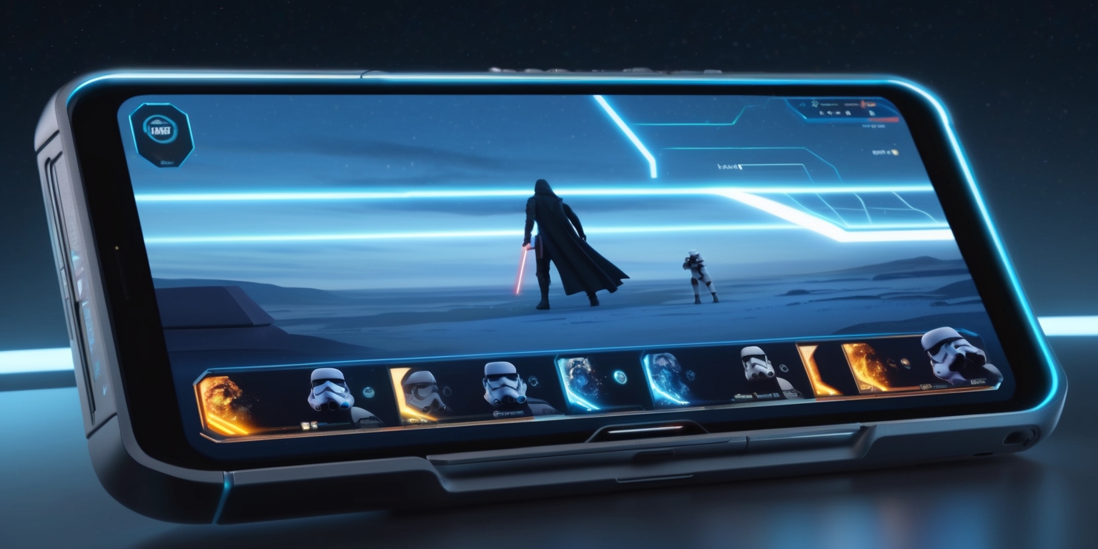 A futuristic, high-tech mobile device displays a vibrant, immersive Star Wars RPG game, set against a stark, starry night sky with subtle, glowing blue lines resembling a holographic interface, the screen's edges are softly illuminated, with a faint, metallic sheen, the game's UI features sleek, angular shapes, bold, neon-lit fonts, and subtle, animated effects, characters from the Star Wars universe, such as Luke Skywalker, Darth Vader, or Stormtroopers, appear in 3D, with intricate, detailed textures, expressive facial features, and realistic armor, the color palette is a mix of deep blues, silvers, and fiery oranges, evoking a sense of adventure, action, and futuristic technology, the overall art style blends realistic, cinematic elements with stylized, comic-book-inspired flourishes.