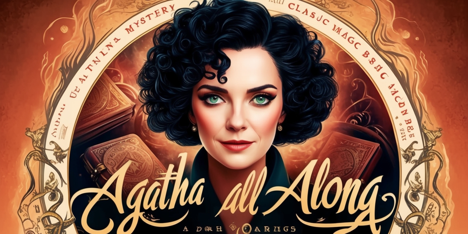 A mystical, vintage-inspired movie poster for Agatha All Along, featuring a dominant warm color scheme with rich, bold fonts and ornate illustrations reminiscent of classic mystery novels. At the center, a confident and enigmatic Agatha Harkness, with porcelain-like skin, piercing green eyes, and curly, raven-black hair, stands against a backdrop of swirling mystical energies, surrounded by subtle hints of dark magic and ancient tomes. The title Agatha All Along is emblazoned in golden, cursive script, with subtle, intricate flourishes and mystical symbols woven throughout the design. The overall aesthetic is a blend of mysticism, luxury, and subtle menace, evoking the complex, multifaceted character of Agatha Harkness.