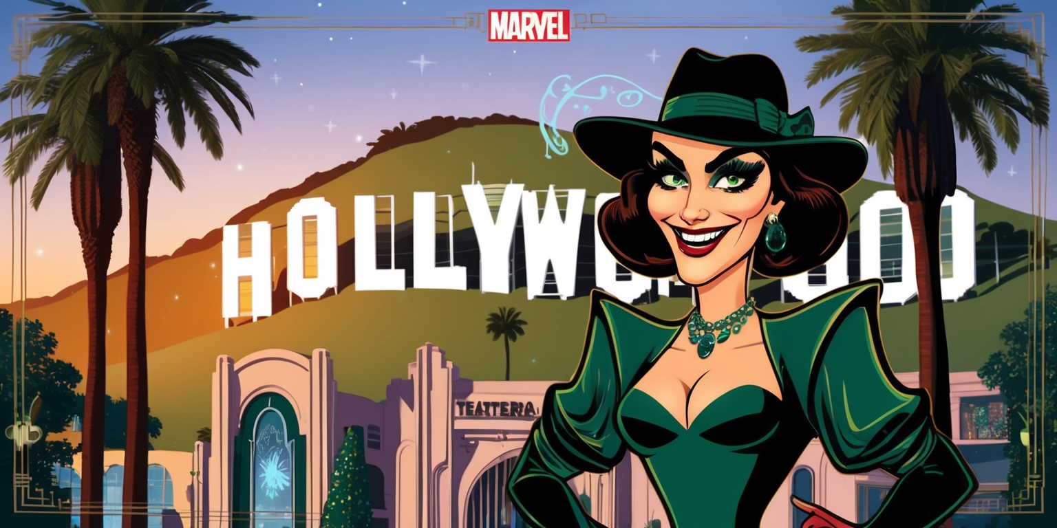 A vibrant, stylized illustration of Agatha Harkness, the beloved Marvel character, standing in front of a classic Hollywood sign at sunset, surrounded by iconic palm trees and Art Deco-inspired buildings, with a touch of mystical, whimsical elements in the air, such as sparkling stars, subtle magical sparks, or delicate, swirling patterns. Agatha's facial features are exaggerated, with a mischievous grin, piercing green eyes, and a signature pointed nose, while her skin has a warm, golden undertone, reflecting the sunny California atmosphere. She wears a glamorous, old-school Hollywood-inspired outfit, complete with a fitted, curve-hugging dress, statement jewelry, and a fedora hat, all in a rich, bold color palette of emerald greens, sapphire blues, and ruby reds. The overall aesthetic is reminiscent of a 1940s-50s Hollywood golden era, with a dash of magical realism and a hint of Agatha's wicked, playful personality.